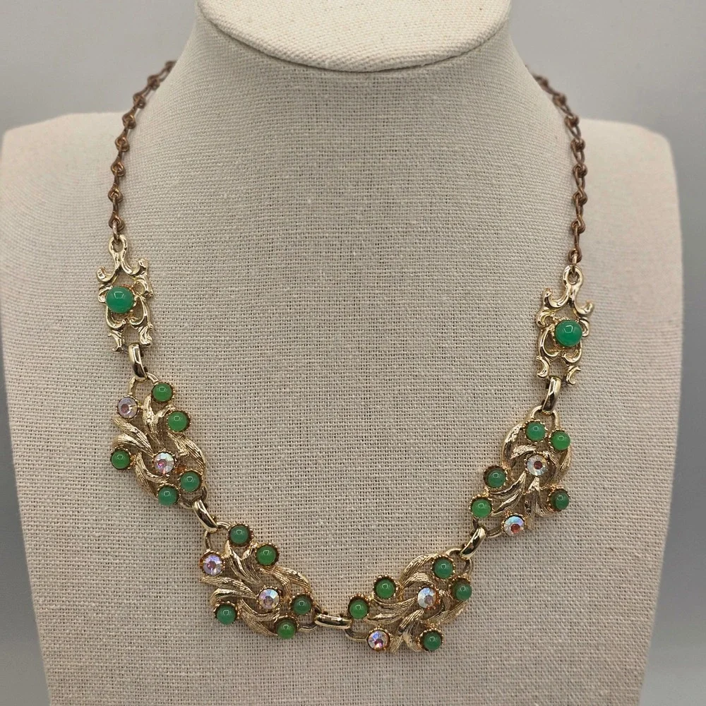 Vintage Necklace Gold Tone Green with Aurora Borealis Rhinestones